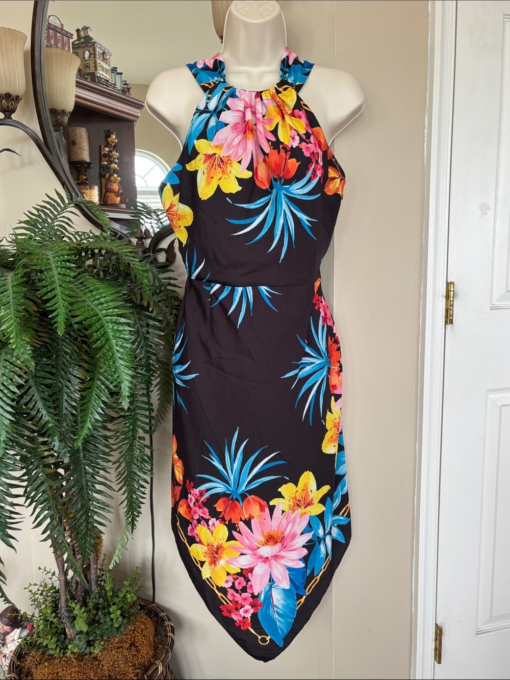 Boston Proper Black Halter Tropical Colorful Floral Asymmetrical Lined Dress